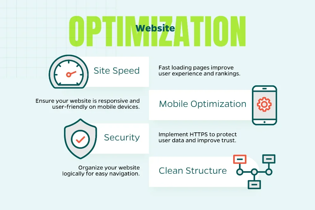 Chart demonstrates the fundamental elements of technical SEO such as mobile optimization, site speed, security, and clean structure.  